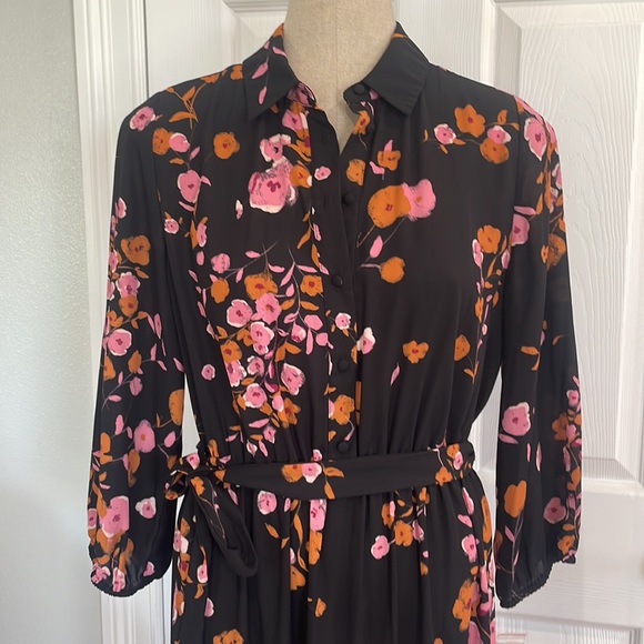 Nanette Lepore dress floral tiered button down Tie waist black pink size 10 - Picture 2 of 15
